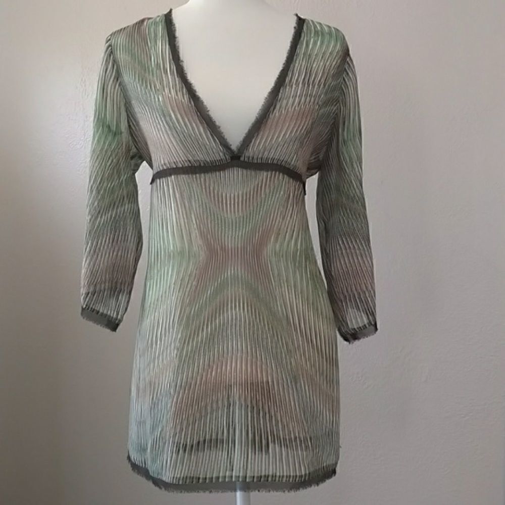 Cabi Stripe Dress Sheer V-neck Green Tunic Tie Waist, Size Medium‎